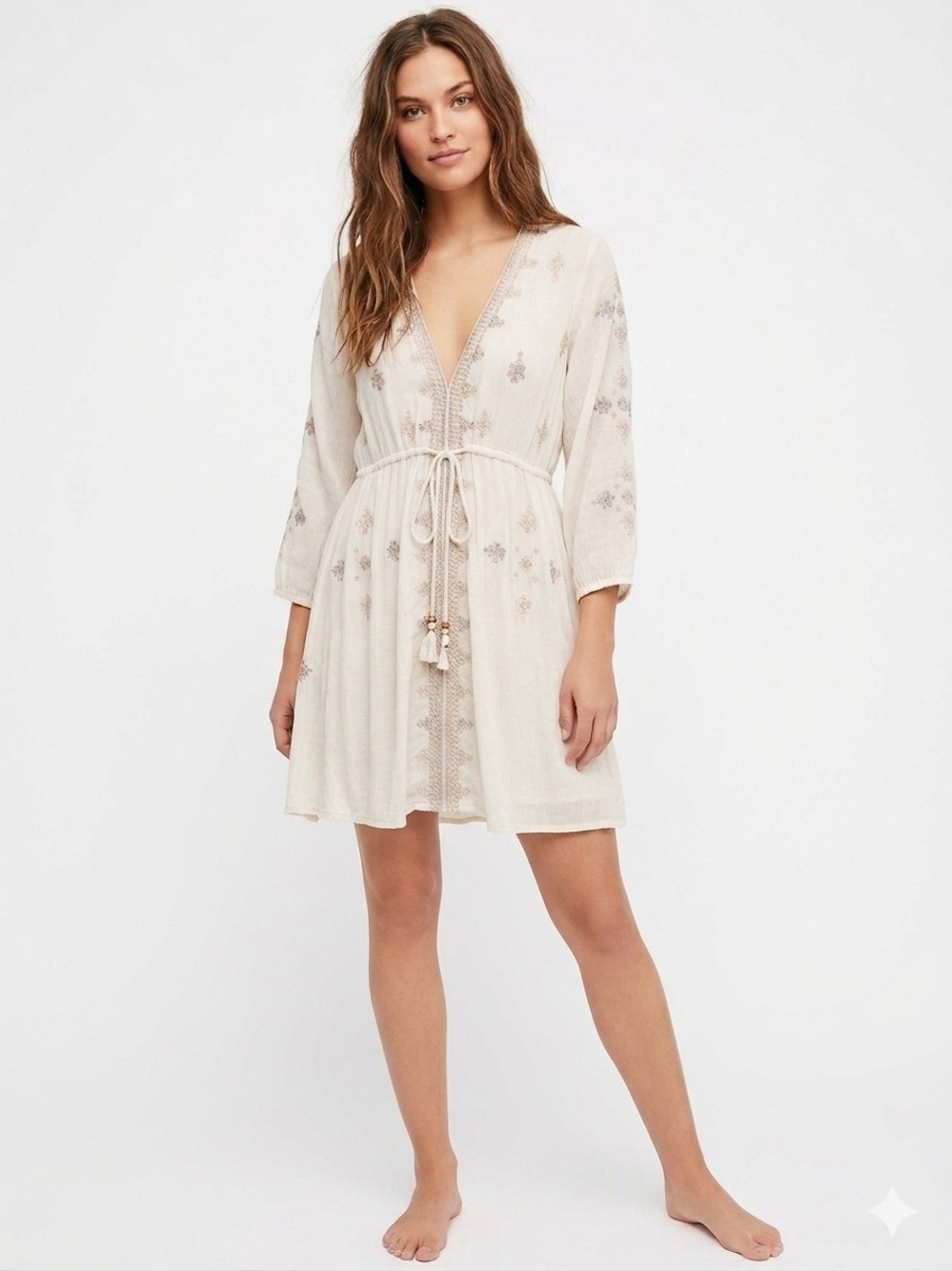 Free People Star Gazer Embroidered Tunic Mini Dress Ivory Cream Boho Rayon Large